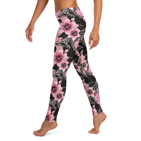 Pink Floral Pearl Pattern Printed Leggings