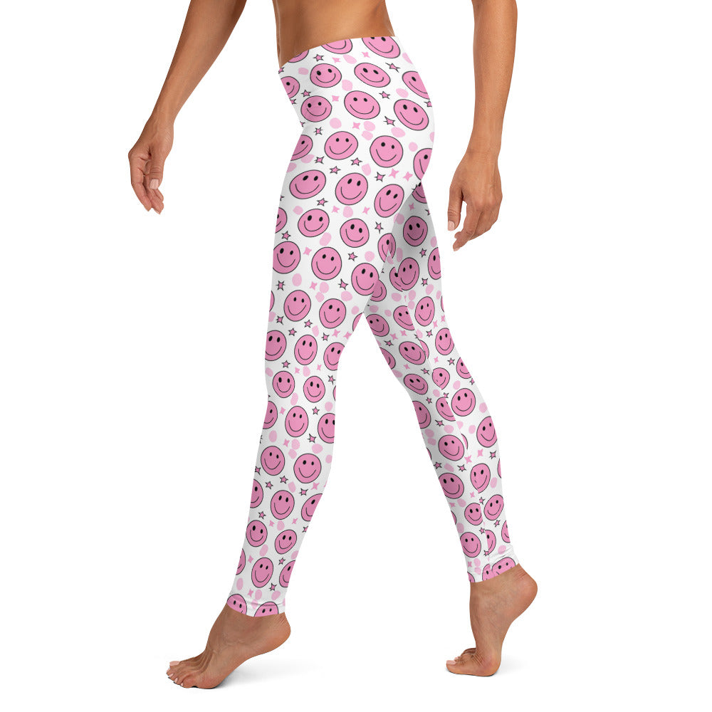 Groovy Pink Emoji Smiley & Stars Printed Leggings