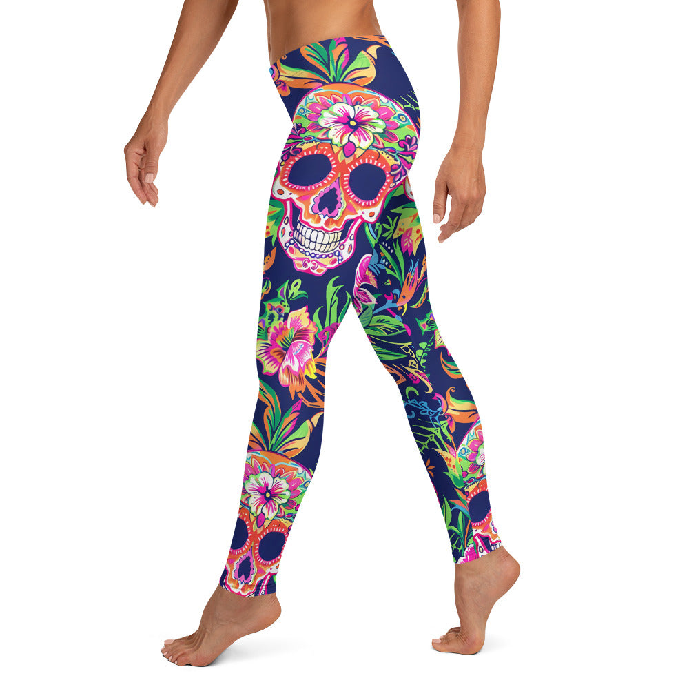 Sugar Skull with Tropical Floral Pattern Leggings