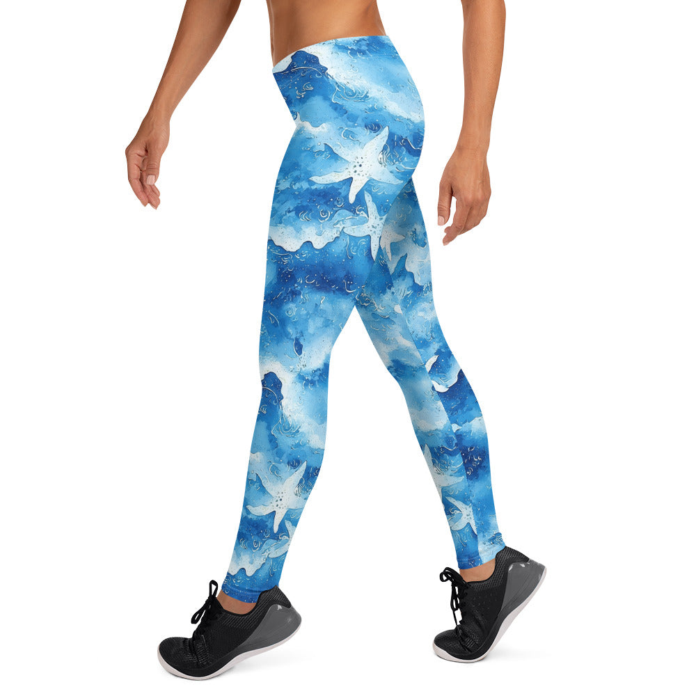 Watercolor Starfish on Waves Printed Leggings