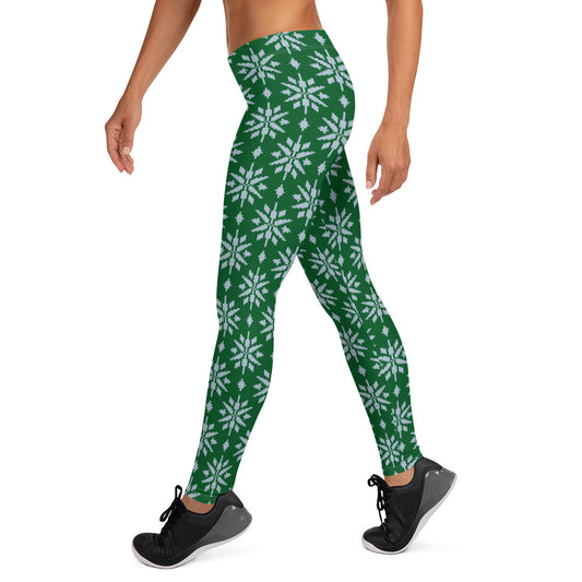 Snow Flakes on Green Christmas Leggings