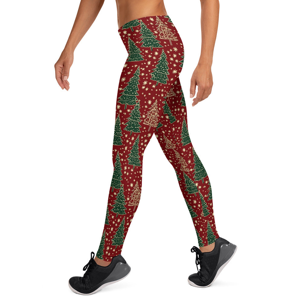 Vibrant Christmas Trees on Red Leggings