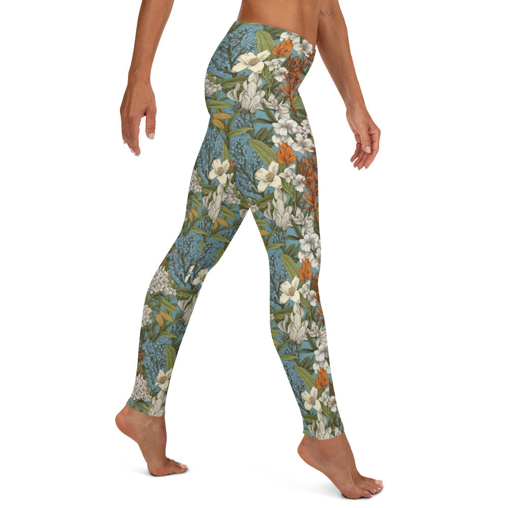 Botanical Green Leaf with White Flower Printed Leggings