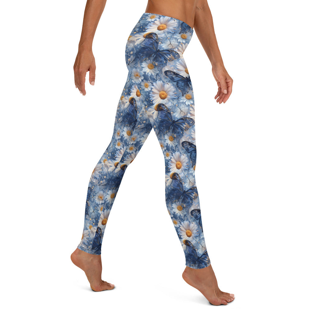 Blue Glass Butterflies on Daisies Floral Printed Leggings