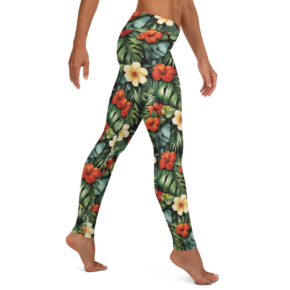 Red & Yellow Hibiscus Floral Printed Leggings