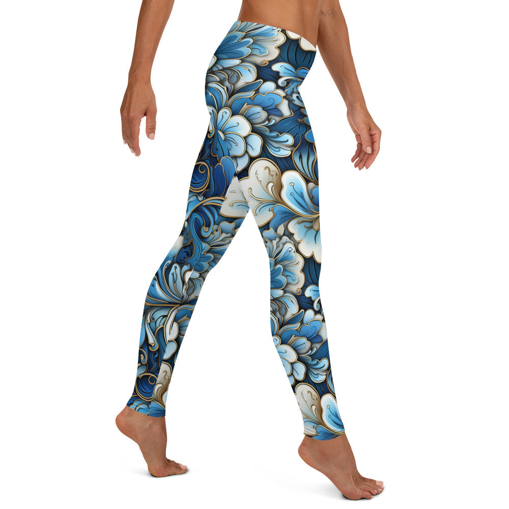 Blue & White Floral Cloisonne Printed Leggings