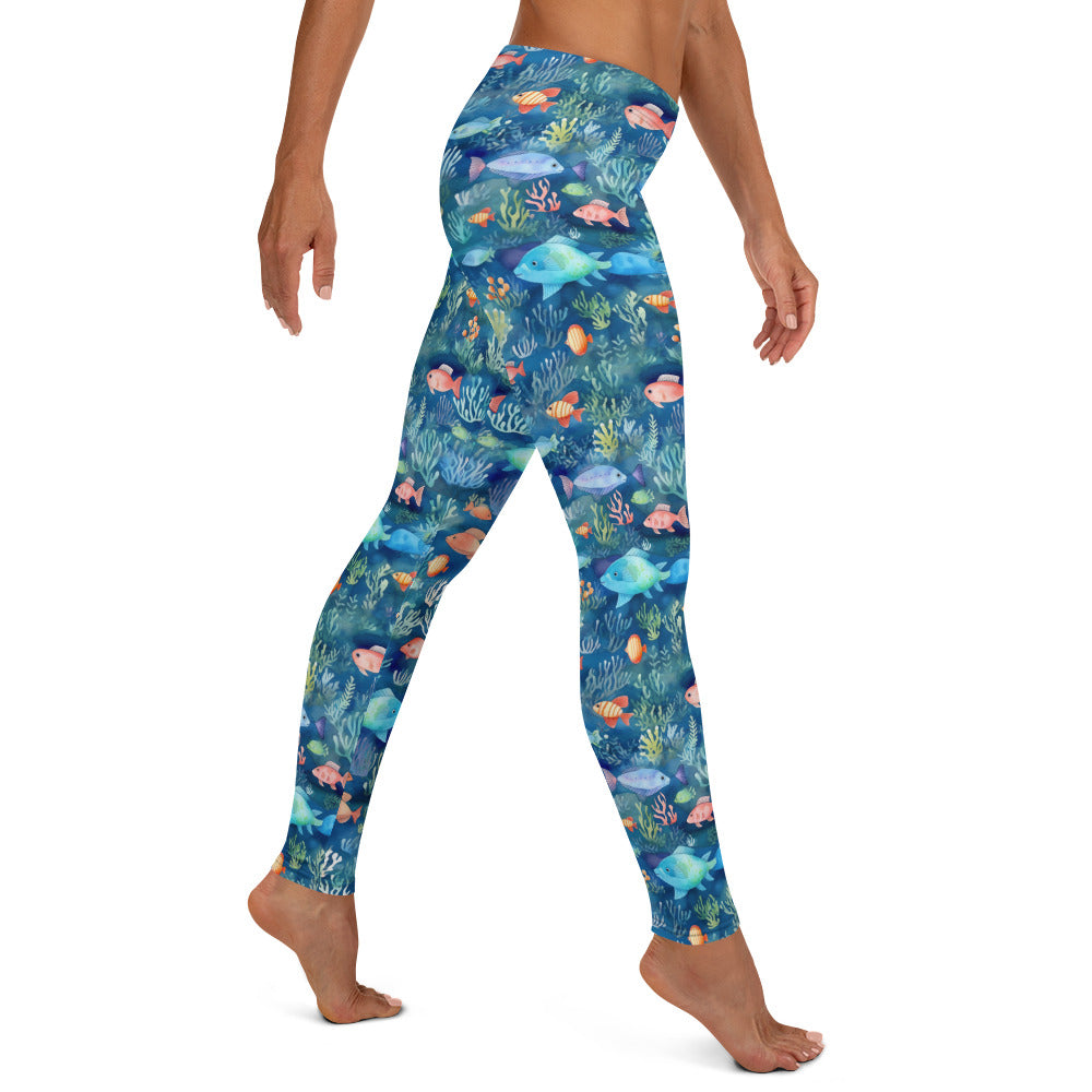 Colorful Fishes in Blue Water Printed Leggings