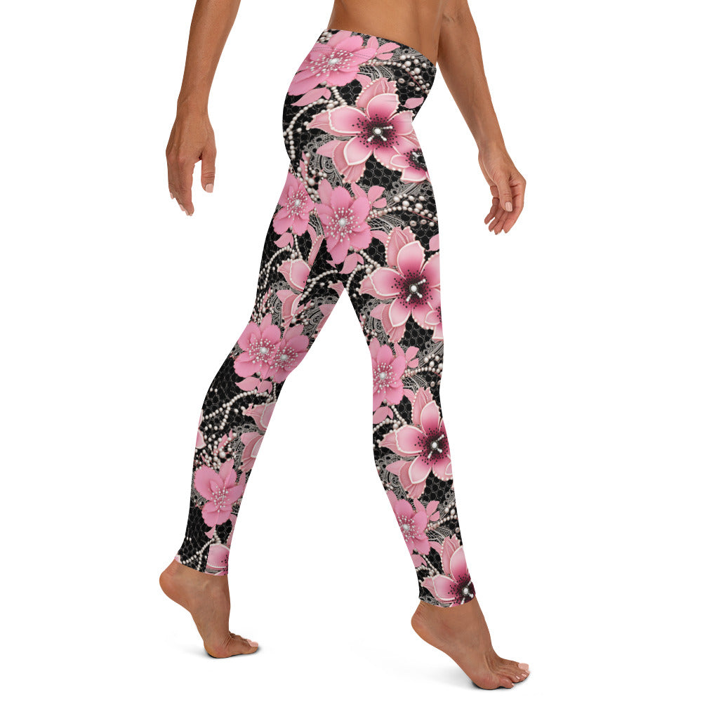 Pink Floral Pearl Pattern Printed Leggings