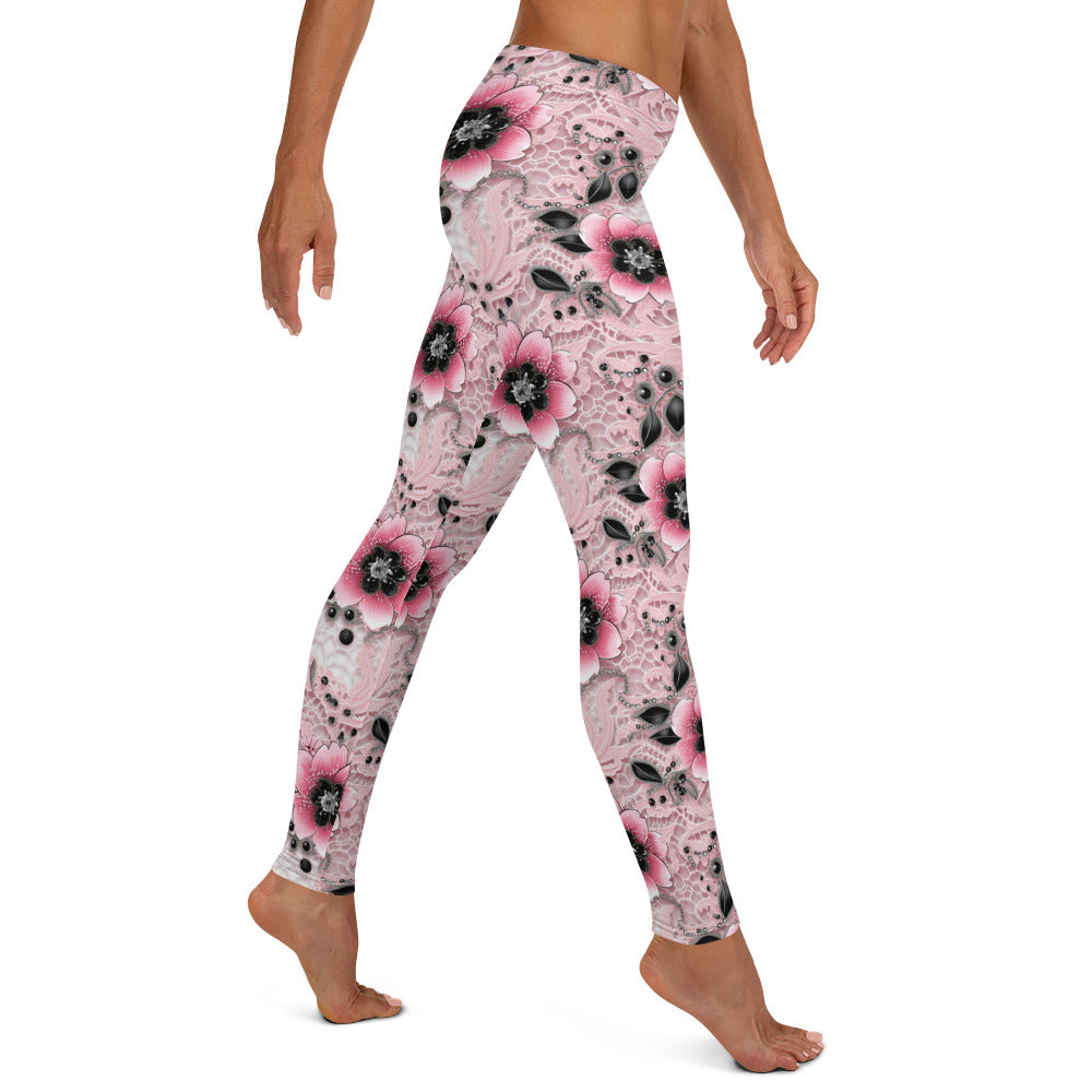 Pink & Black Floral Pattern Printed Leggings