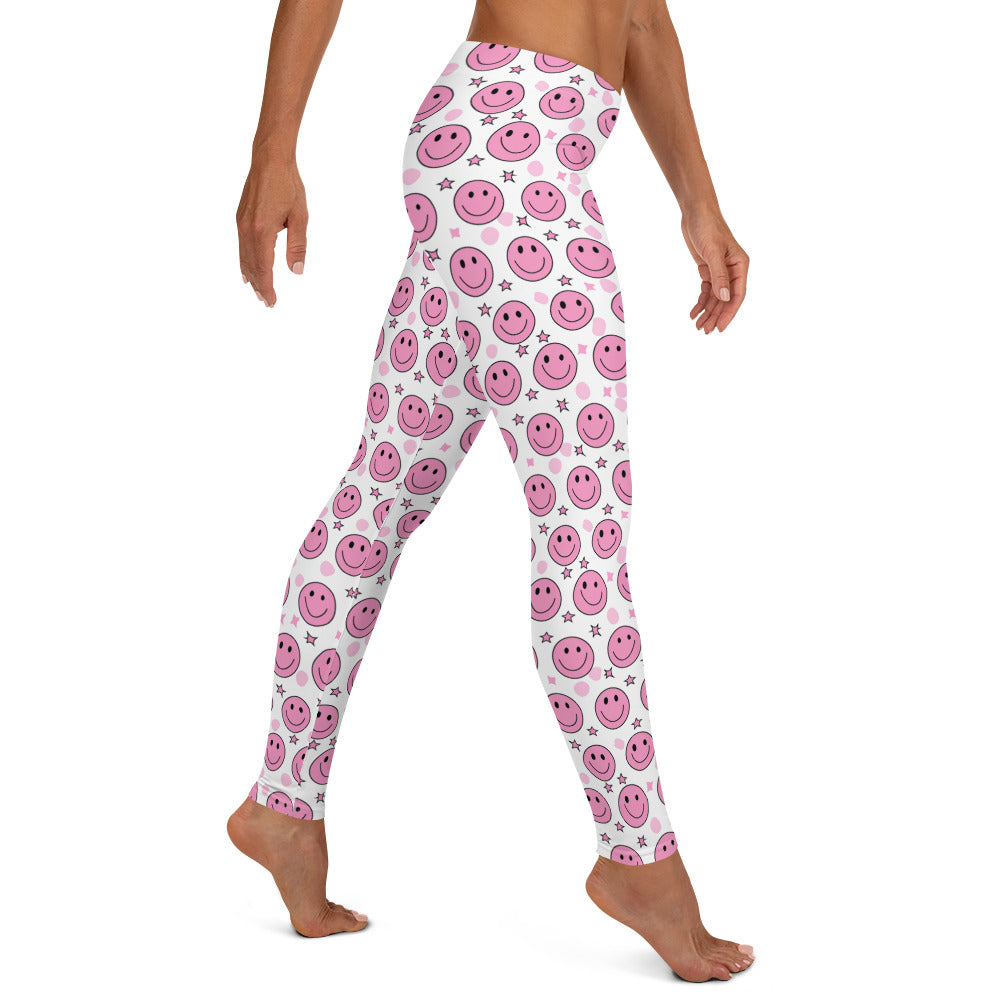 Groovy Pink Emoji Smiley & Stars Printed Leggings