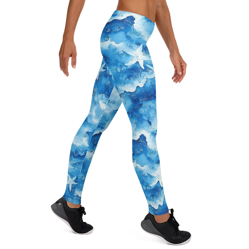 Watercolor Starfish on Waves Printed Leggings