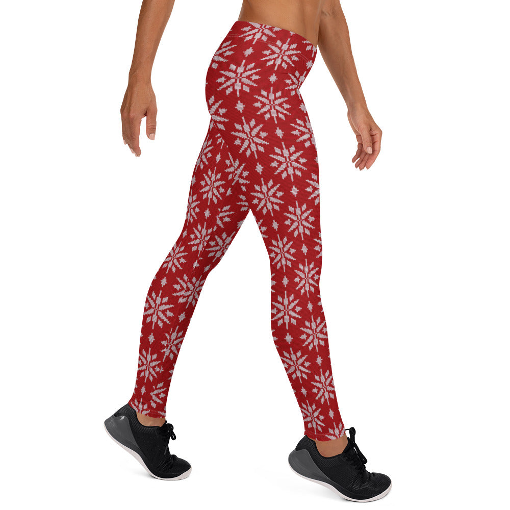 Snow Flakes on Red Christmas Leggings