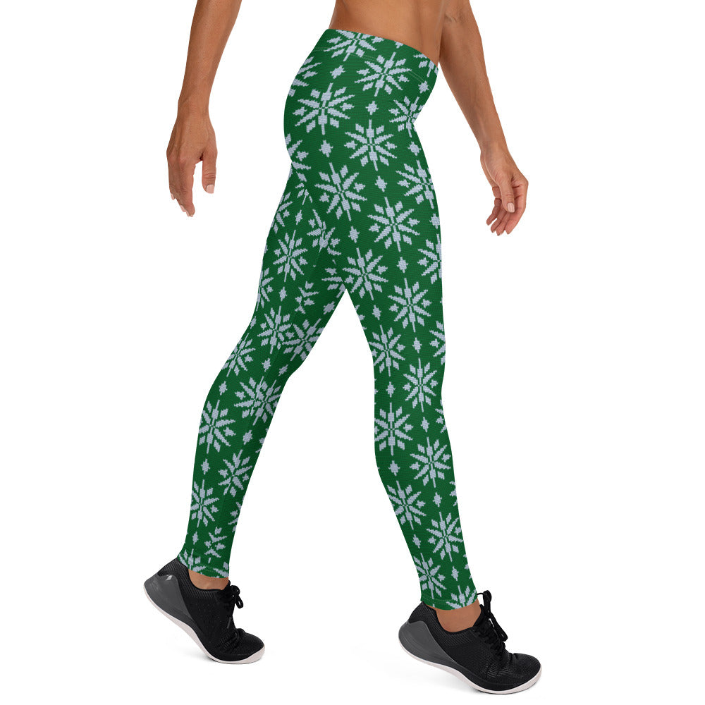 Snow Flakes on Green Christmas Leggings