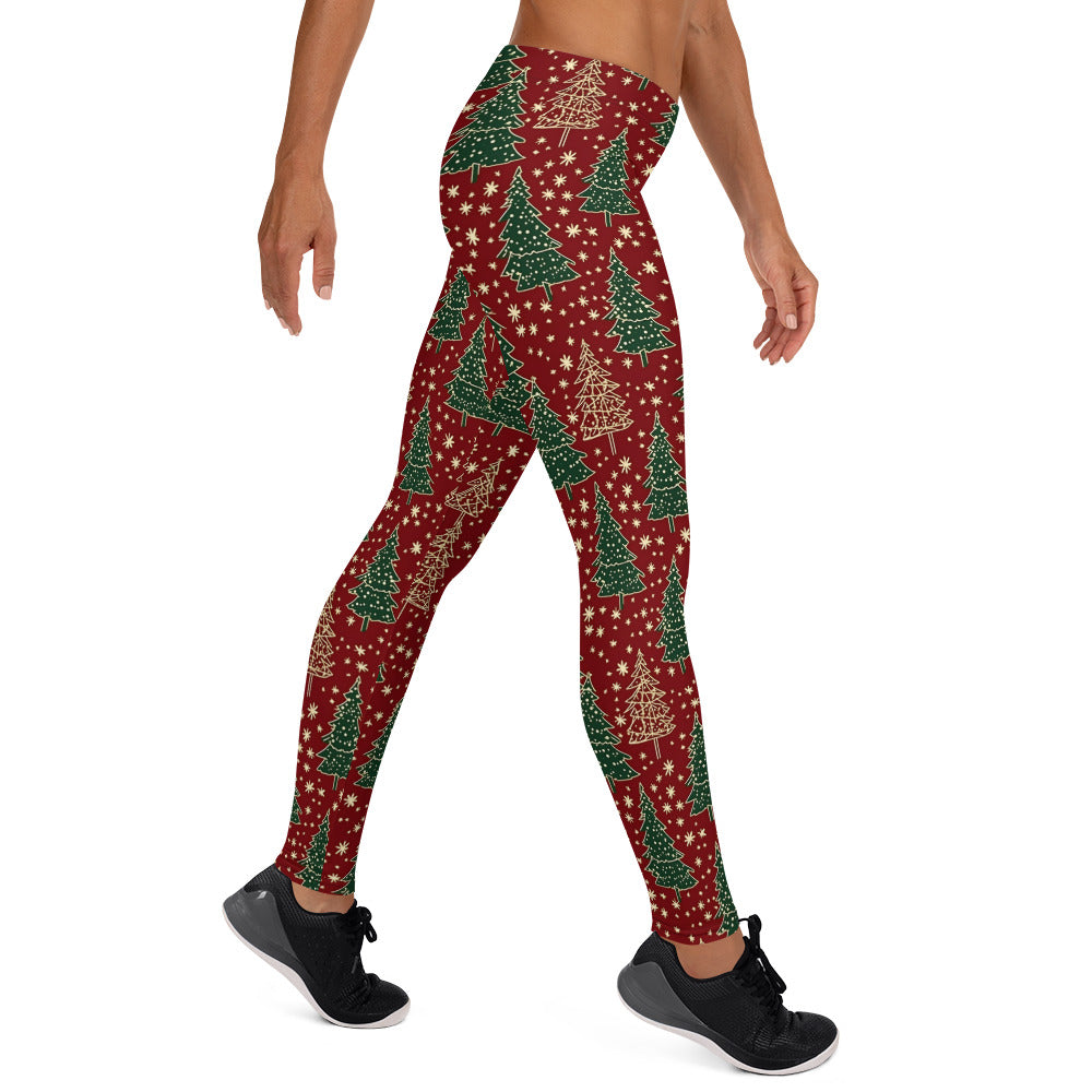 Vibrant Christmas Trees on Red Leggings