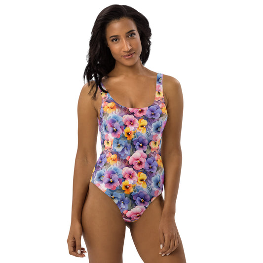 Colorful Pansies Floral Printed One-Piece Swimsuit