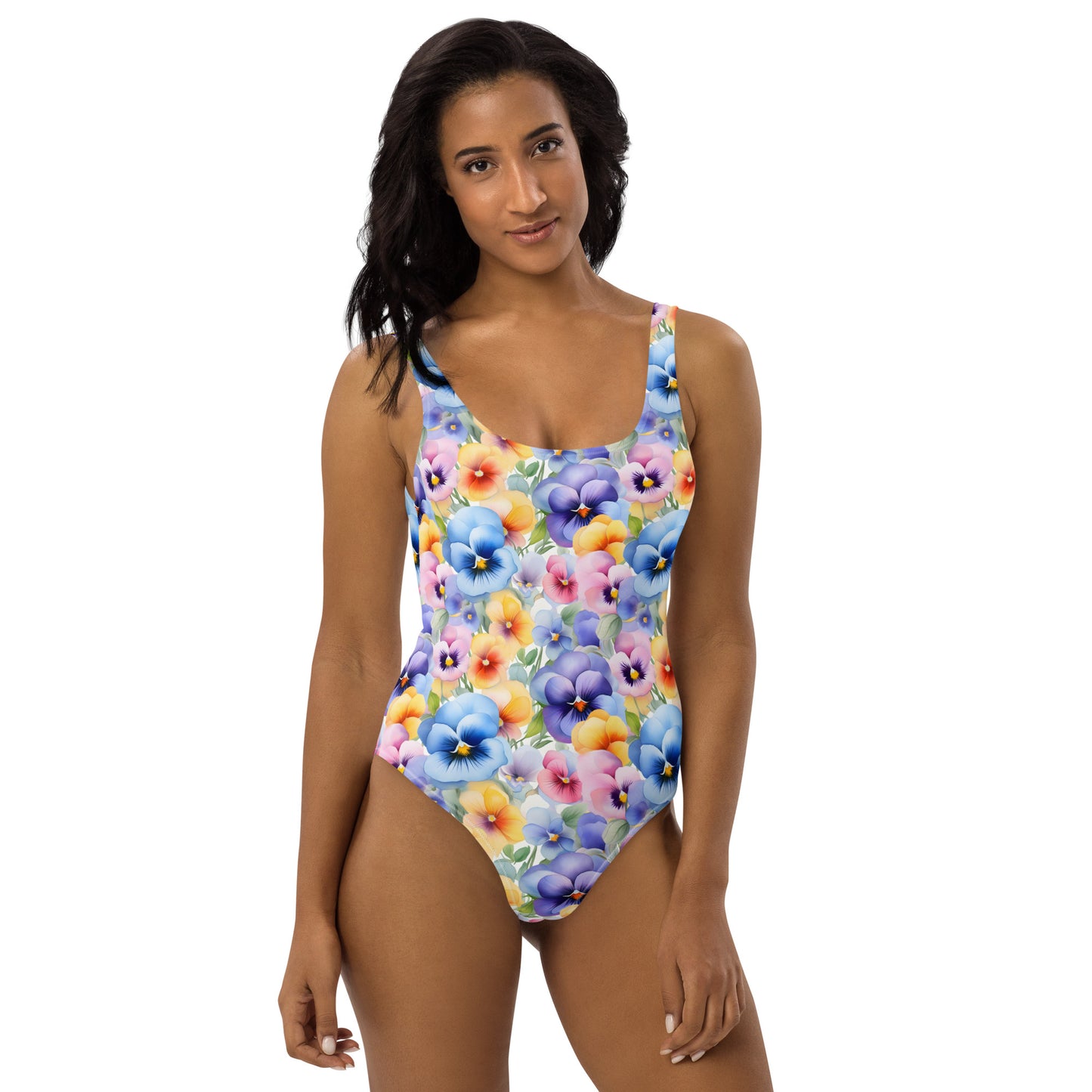 Pansies Watercolor Floral Printed One-Piece Swimsuit