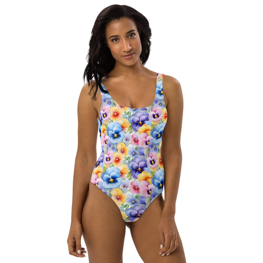 Pansies Watercolor Floral Printed One-Piece Swimsuit