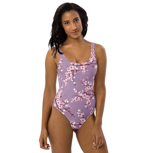 Cherry Blossom Purple Floral Printed One-Piece Swimsuit