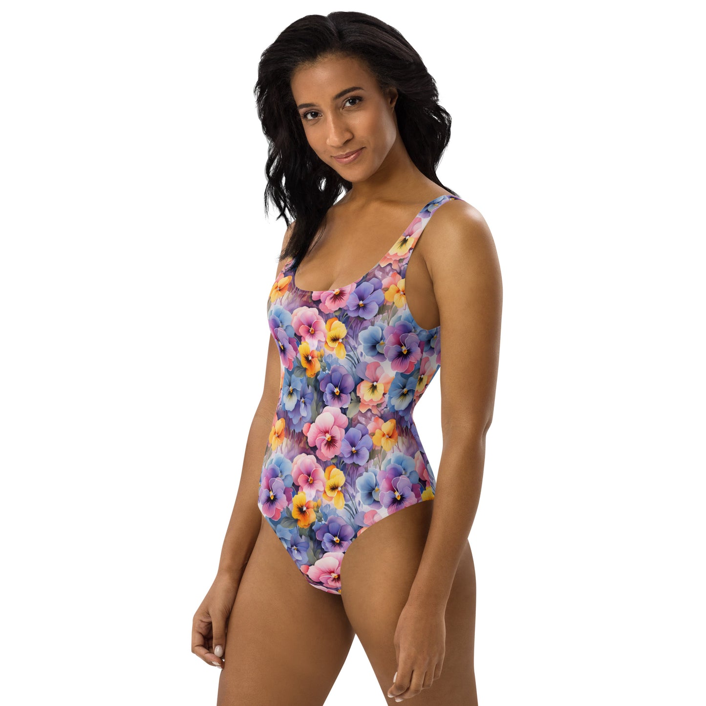 Colorful Pansies Floral Printed One-Piece Swimsuit