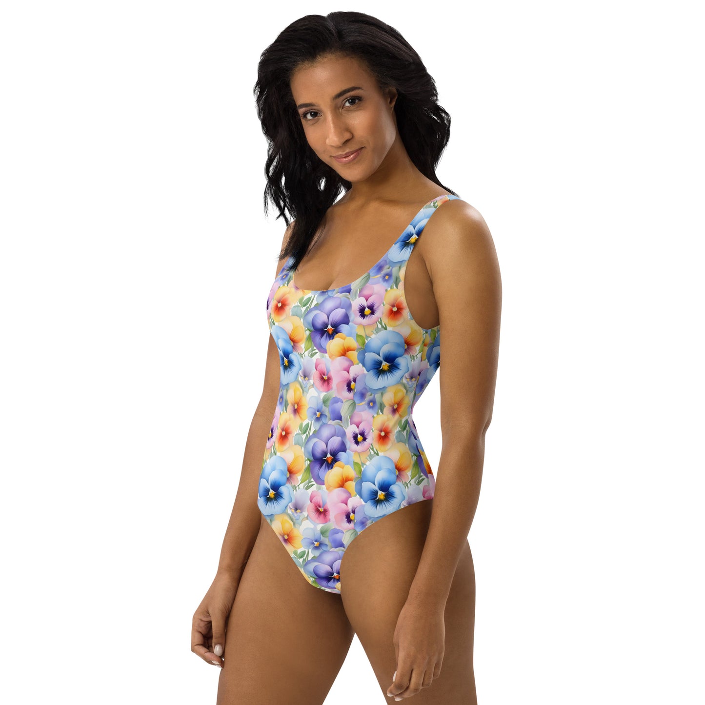 Pansies Watercolor Floral Printed One-Piece Swimsuit