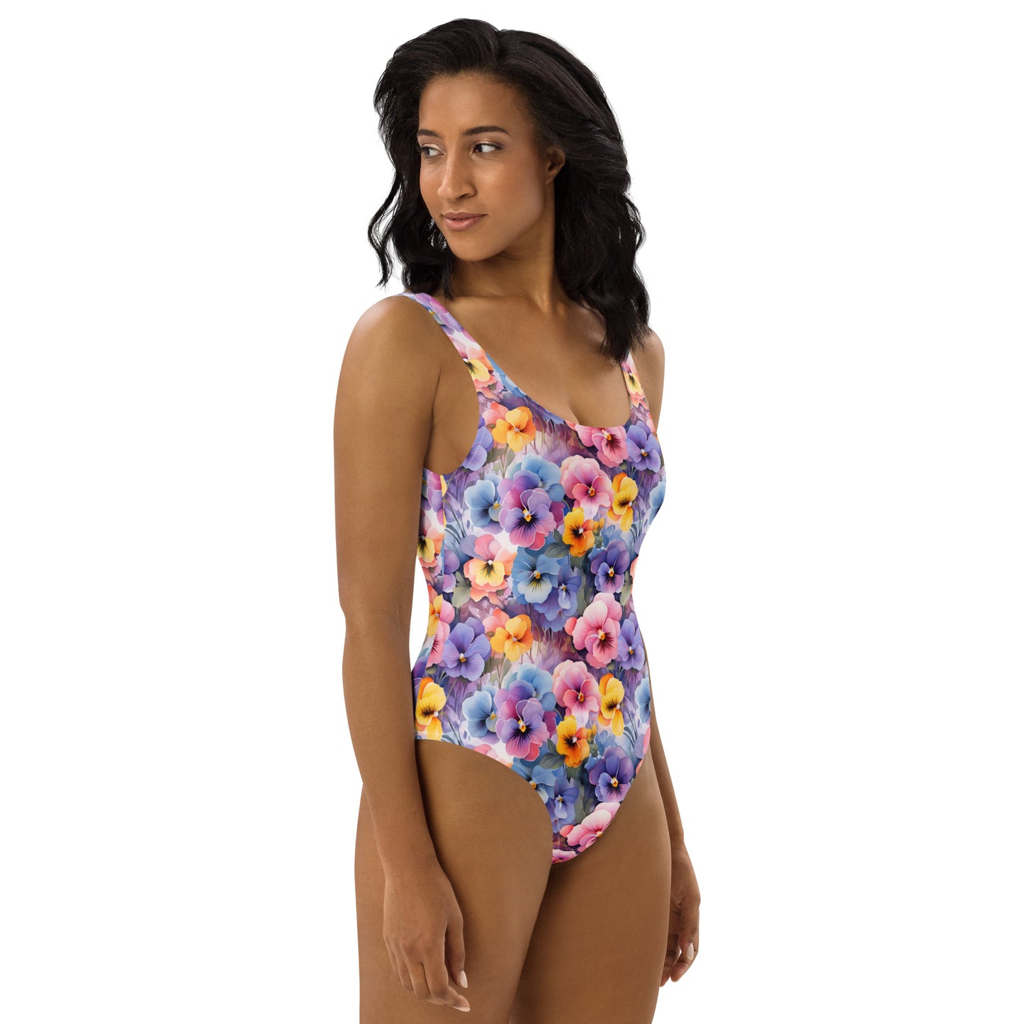 Colorful Pansies Floral Printed One-Piece Swimsuit