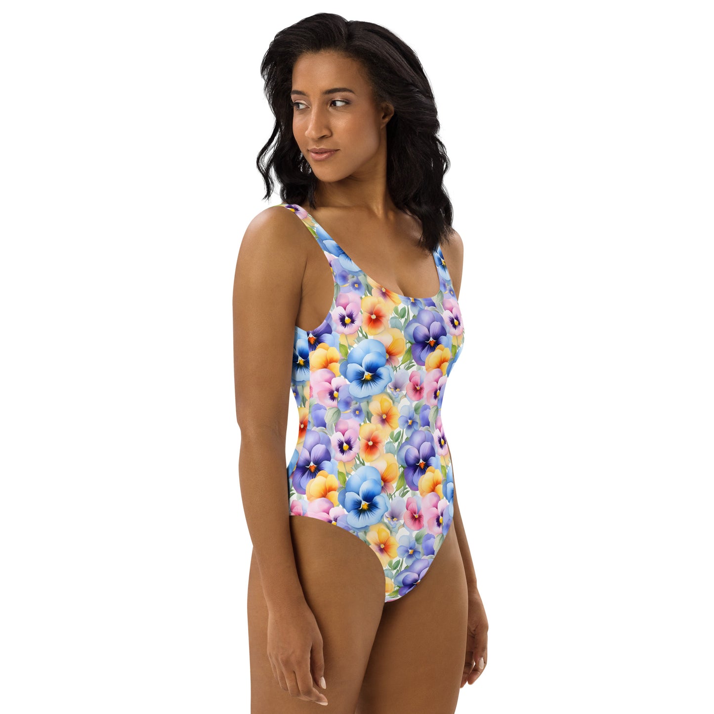 Pansies Watercolor Floral Printed One-Piece Swimsuit