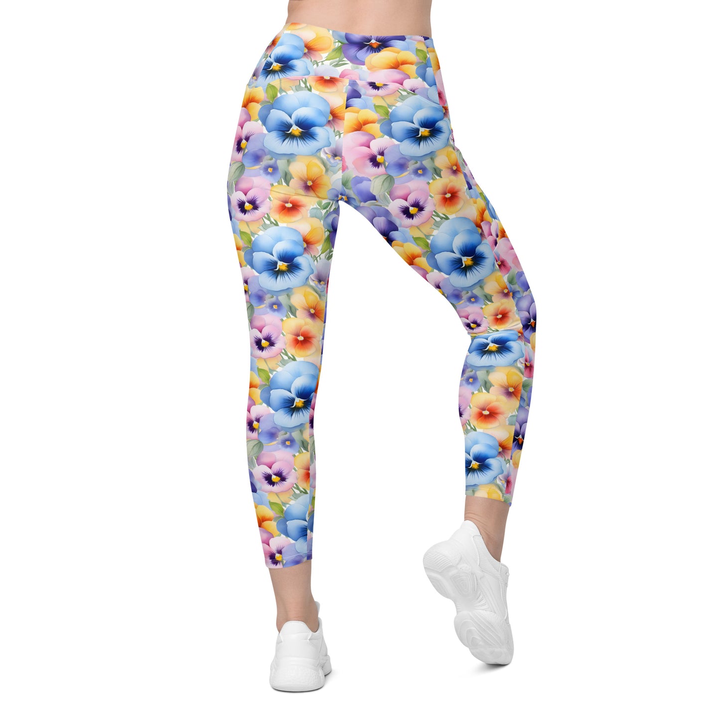 Watercolor Pansies Floral Printed Leggings with pockets