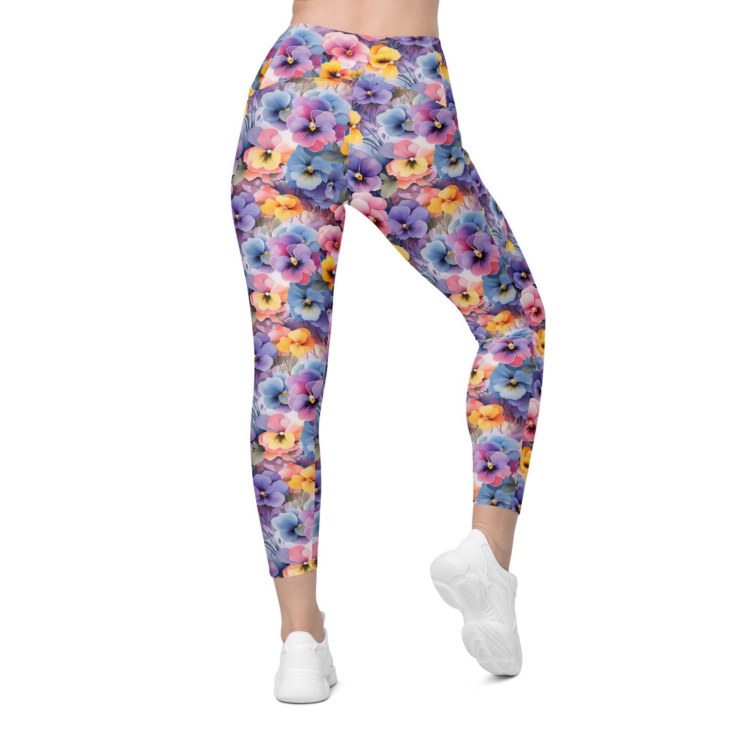 Colorful Pansies Floral Printed Leggings with pockets