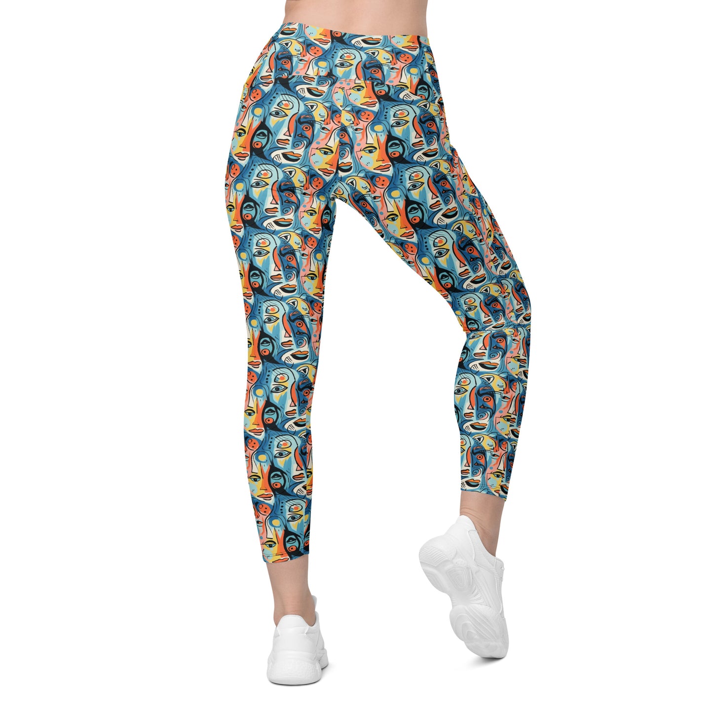 Blue & Yellow Faces Pop Art Printed Leggings with pockets