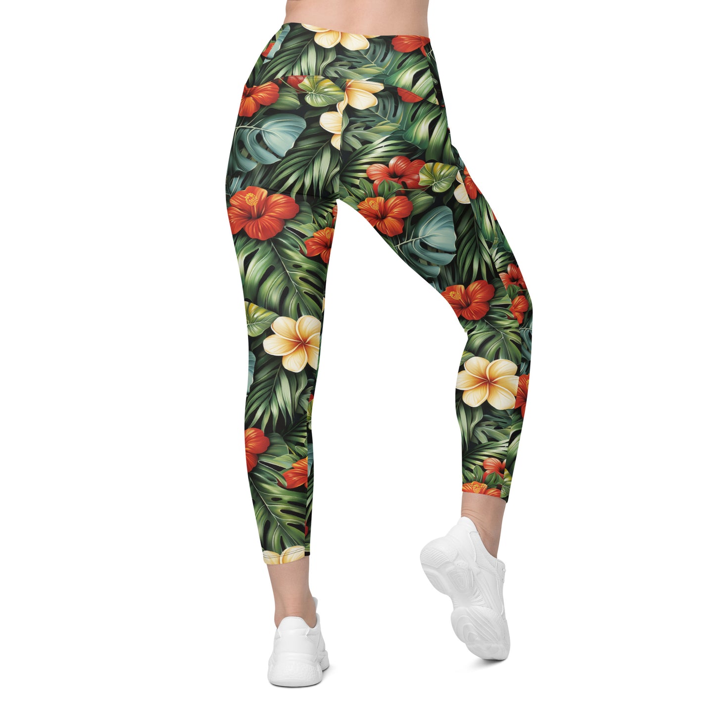 Red & Yellow Hibiscus Flowers Printed Leggings with pockets