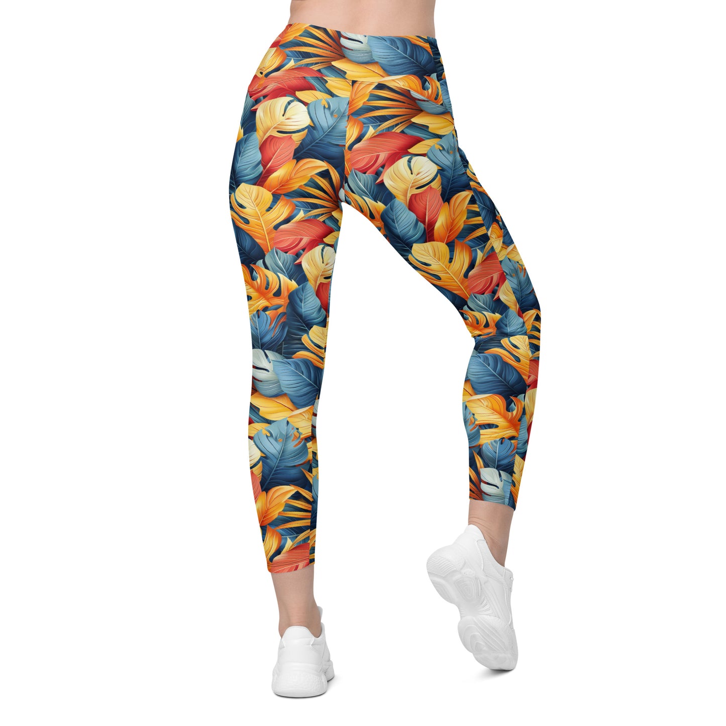 Colorful Tropical Foliage Printed Leggings with pockets