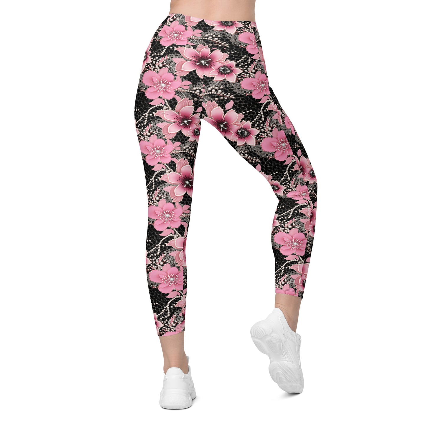 Pink Floral Pearl Printed Leggings with pockets