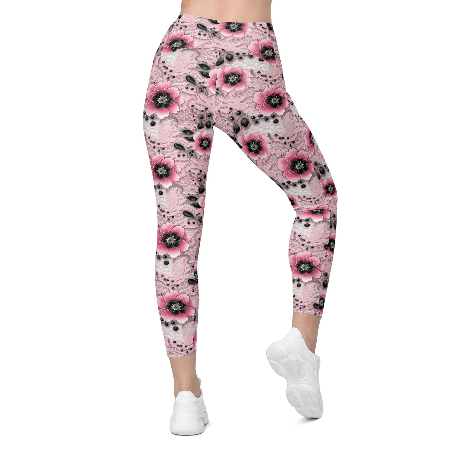 Pink & Black Floral Printed Leggings with pockets