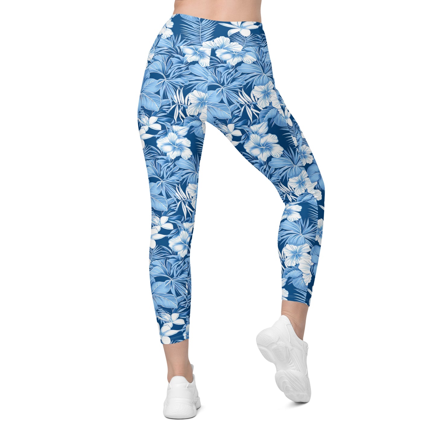 Shades of Blue Hibiscus Floral Printed Leggings with pockets