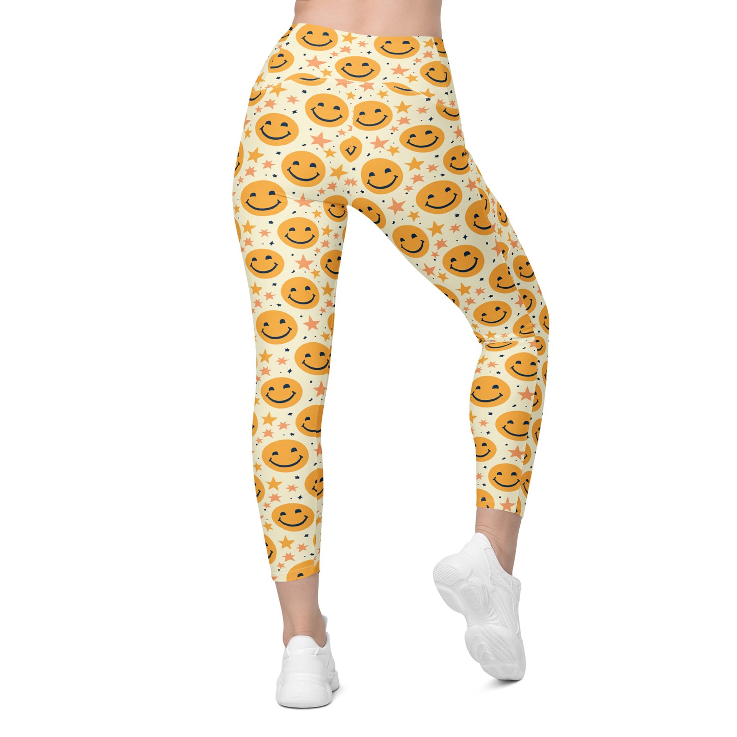 Yellow Emoji & Stars Printed Leggings with pockets