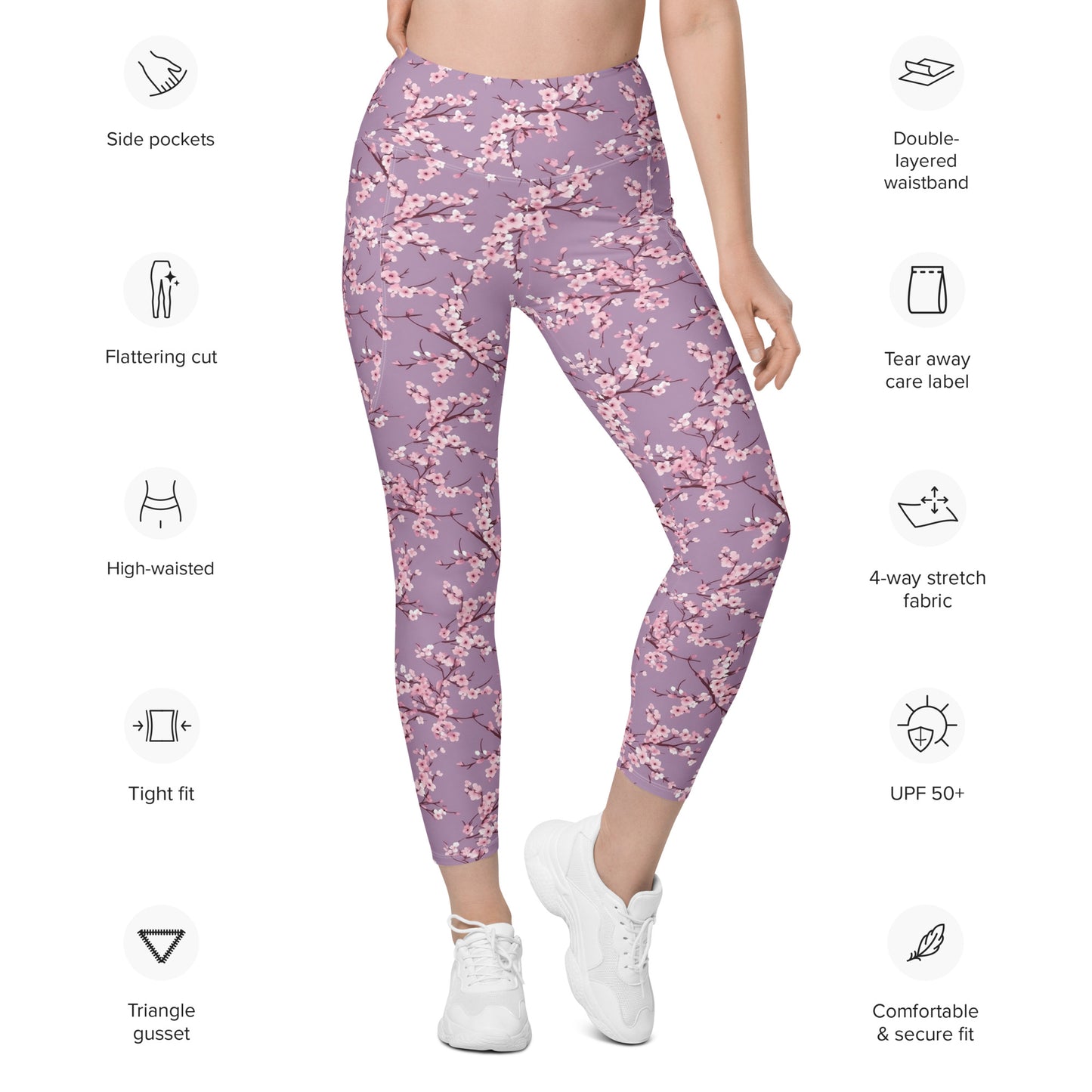 Cherry Blossom Purple Printed Leggings with pockets