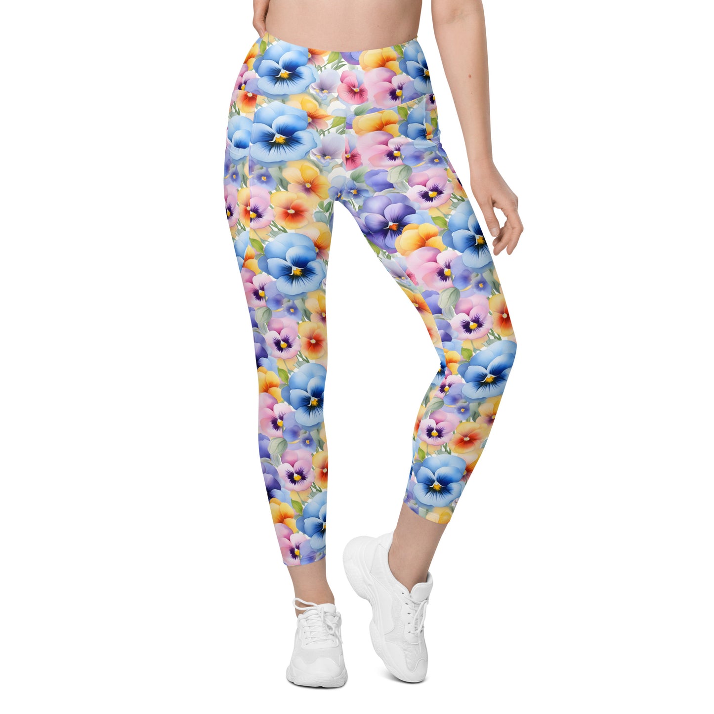 Watercolor Pansies Floral Printed Leggings with pockets