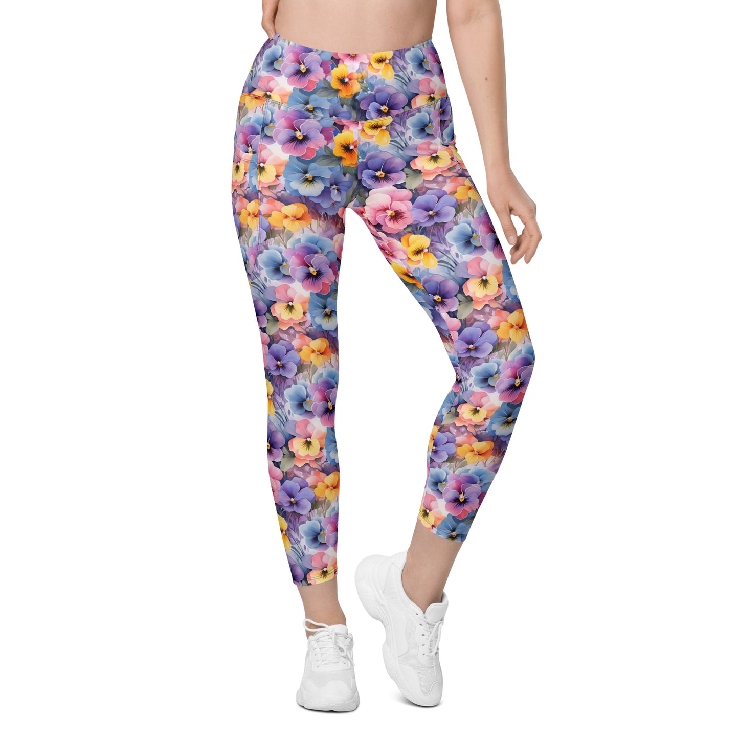 Colorful Pansies Floral Printed Leggings with pockets