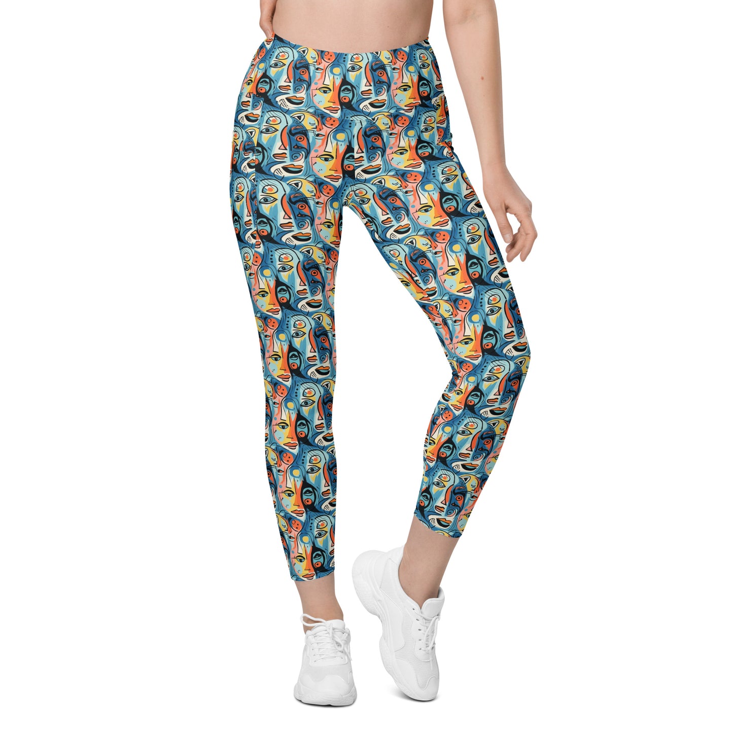 Blue & Yellow Faces Pop Art Printed Leggings with pockets