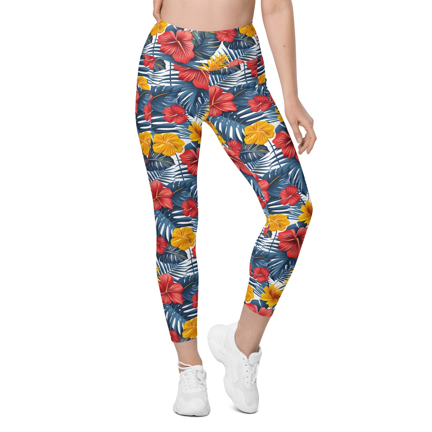 Vibrant Tropical Flowers Printed Leggings with pockets