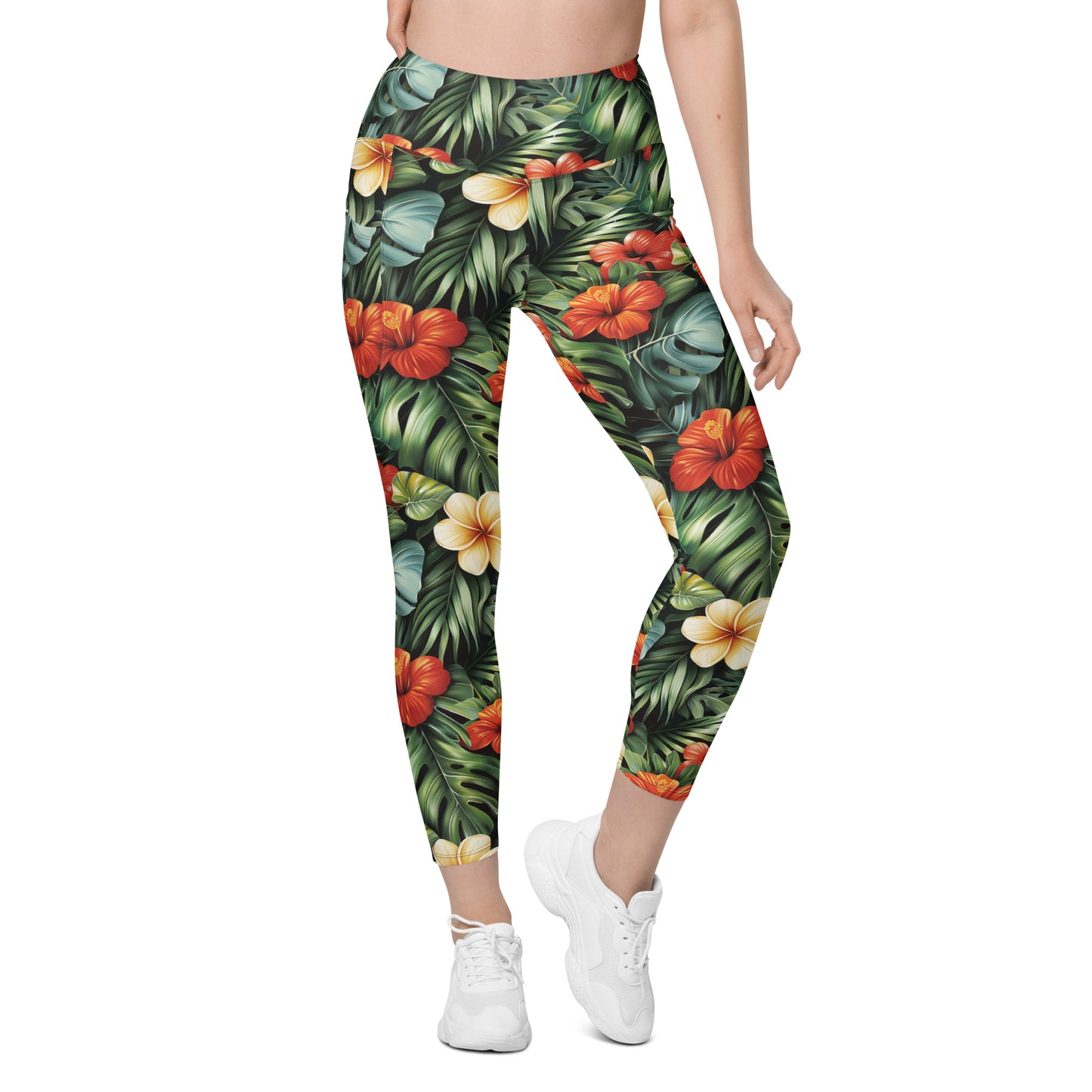 Red & Yellow Hibiscus Flowers Printed Leggings with pockets