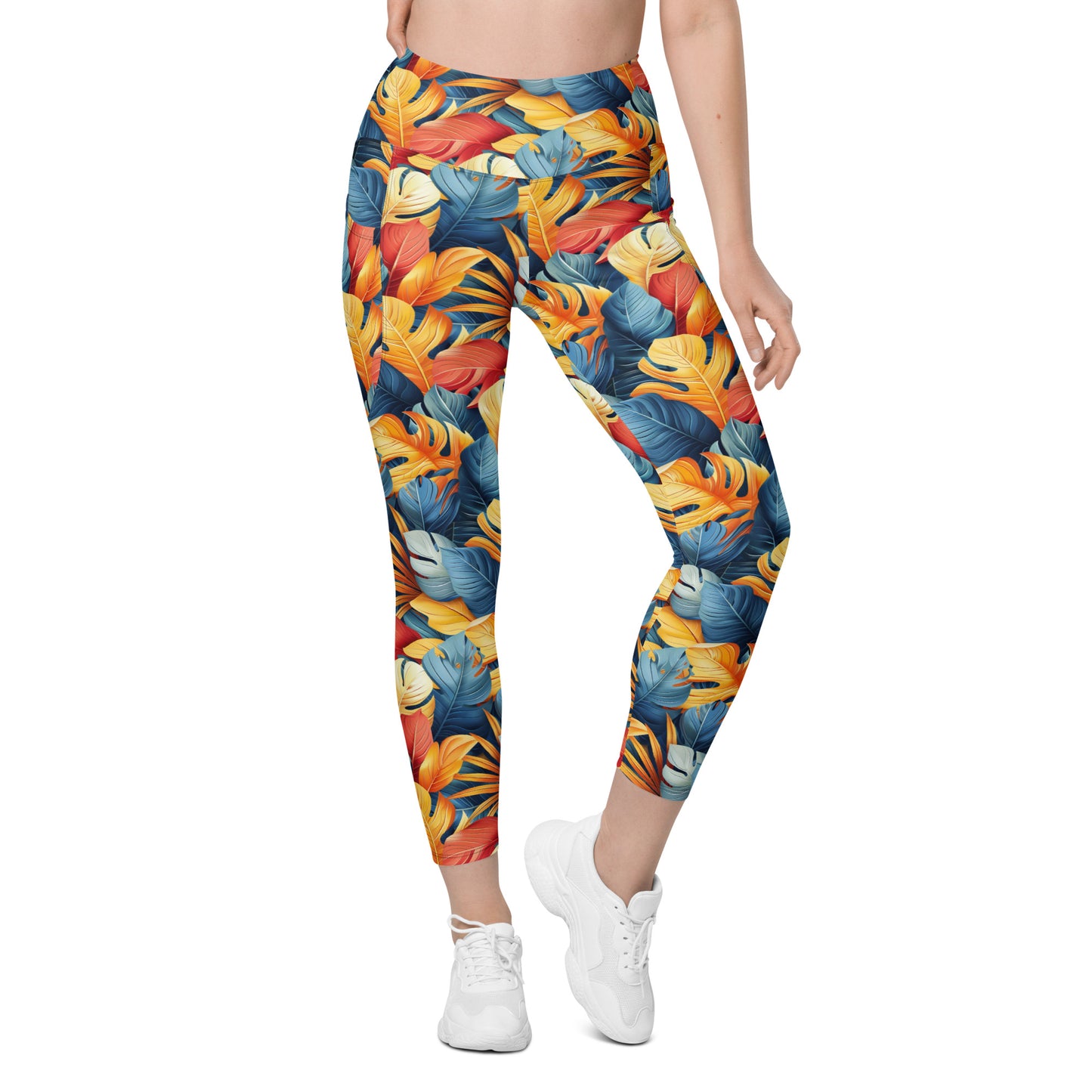 Colorful Tropical Foliage Printed Leggings with pockets