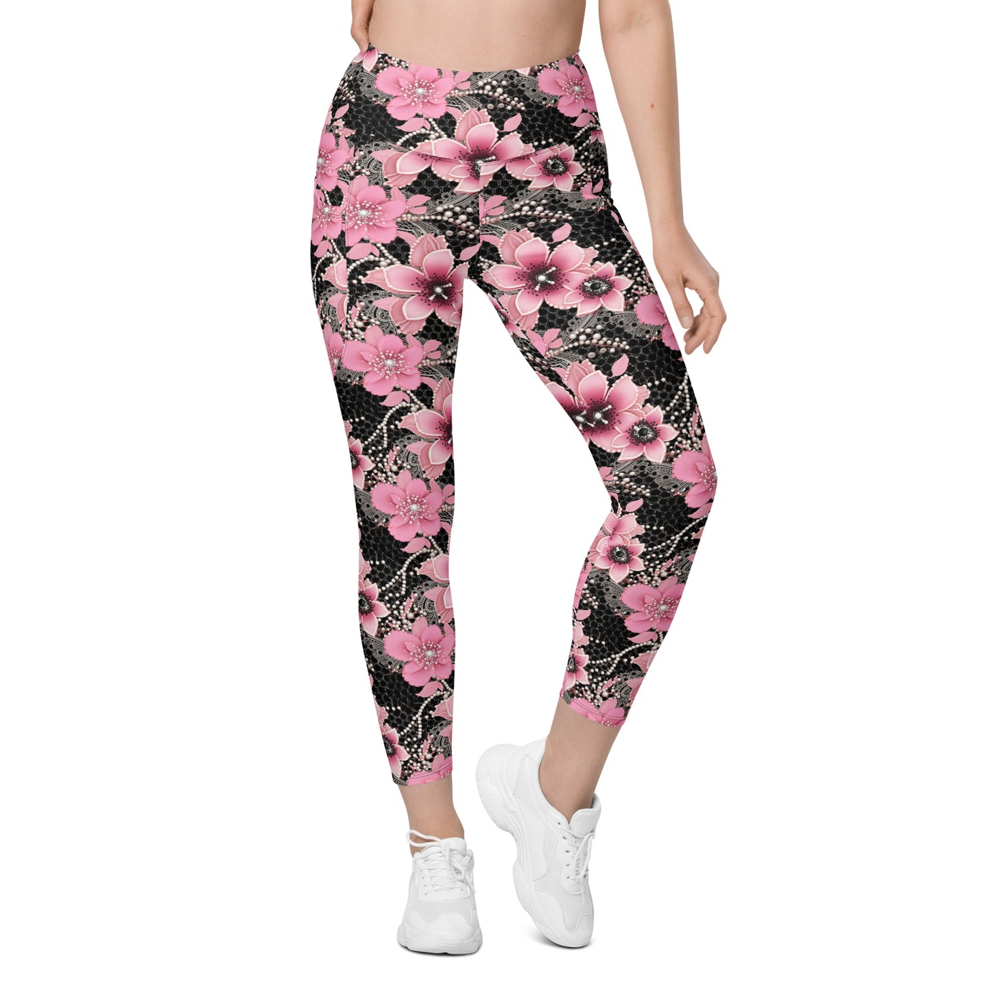 Pink Floral Pearl Printed Leggings with pockets