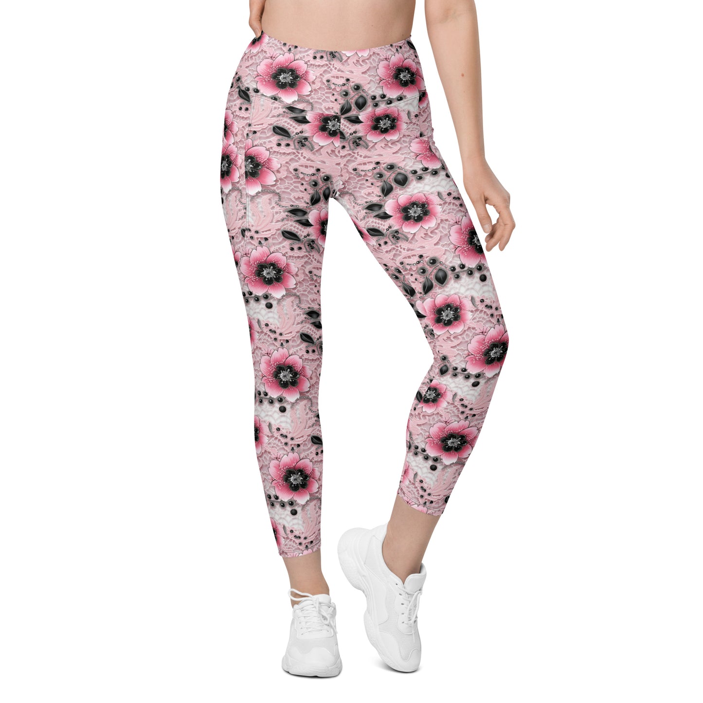 Pink & Black Floral Printed Leggings with pockets