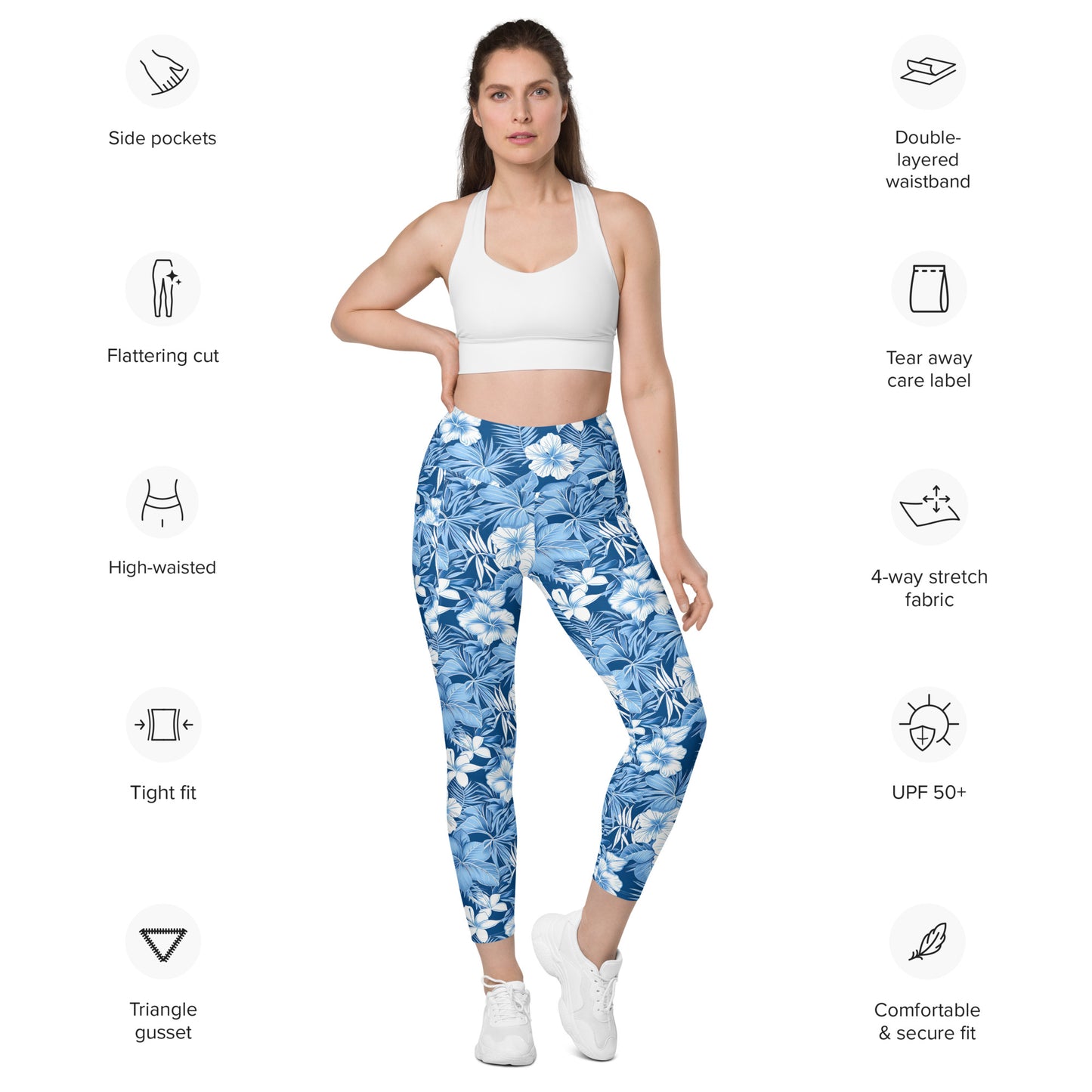 Shades of Blue Hibiscus Floral Printed Leggings with pockets