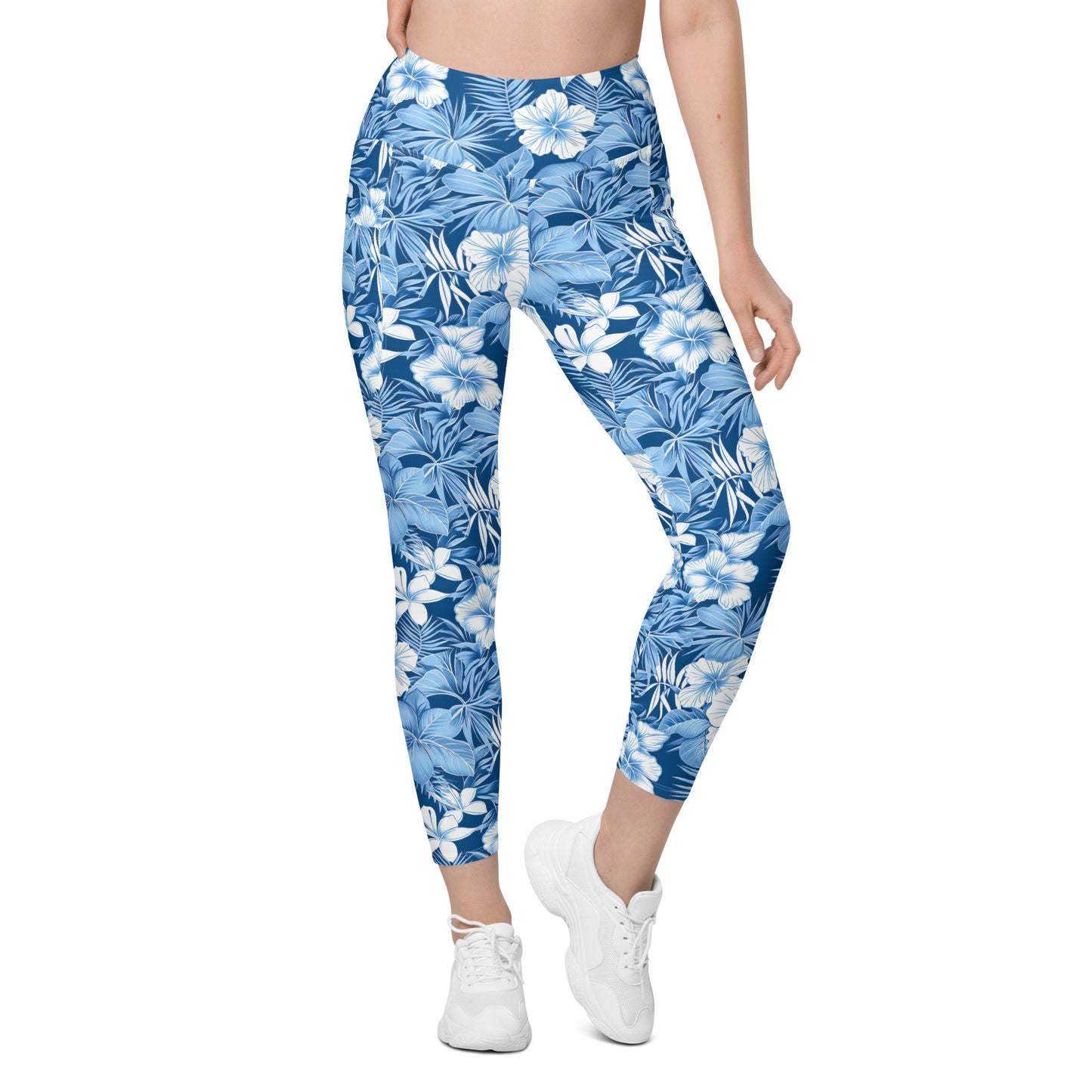 Shades of Blue Hibiscus Floral Printed Leggings with pockets