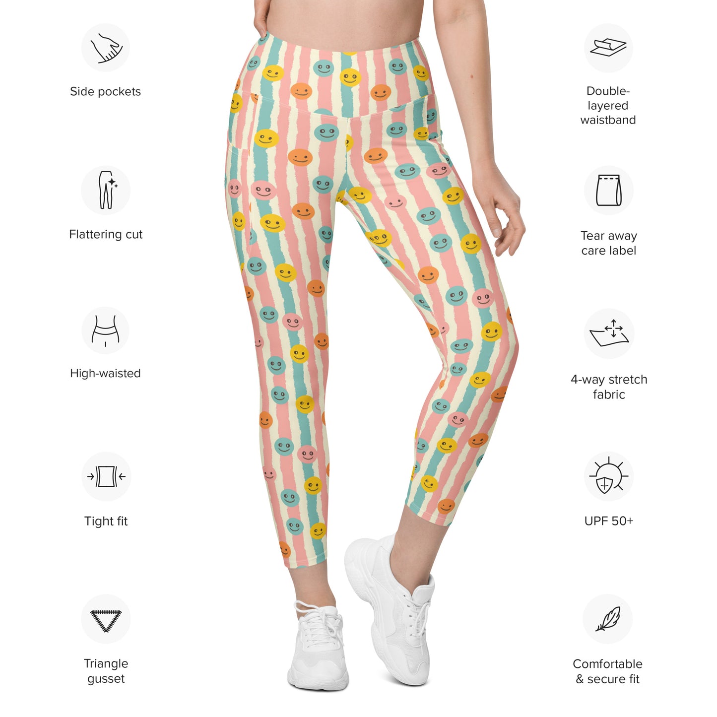 Groovy Smiley Emoji Printed Leggings with pockets