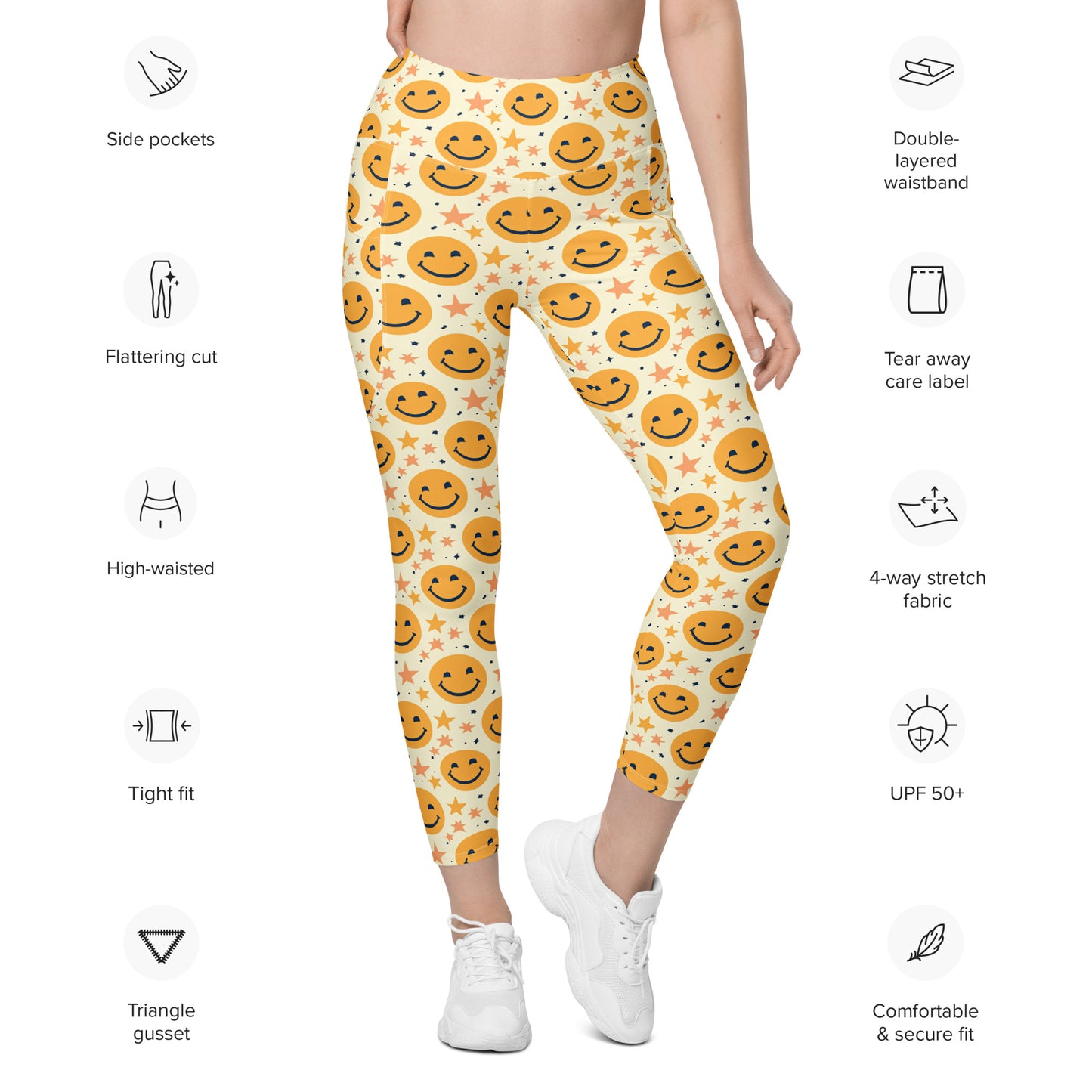 Yellow Emoji & Stars Printed Leggings with pockets