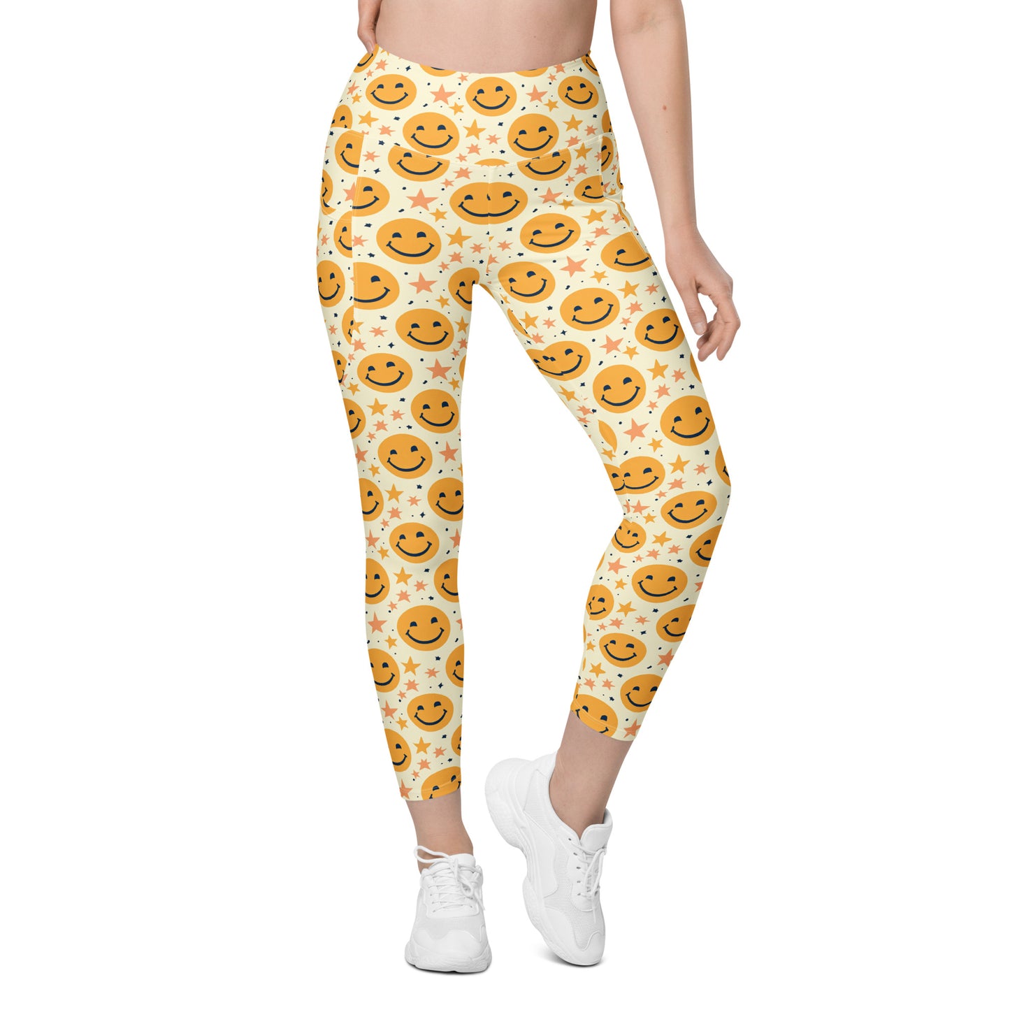 Yellow Emoji & Stars Printed Leggings with pockets