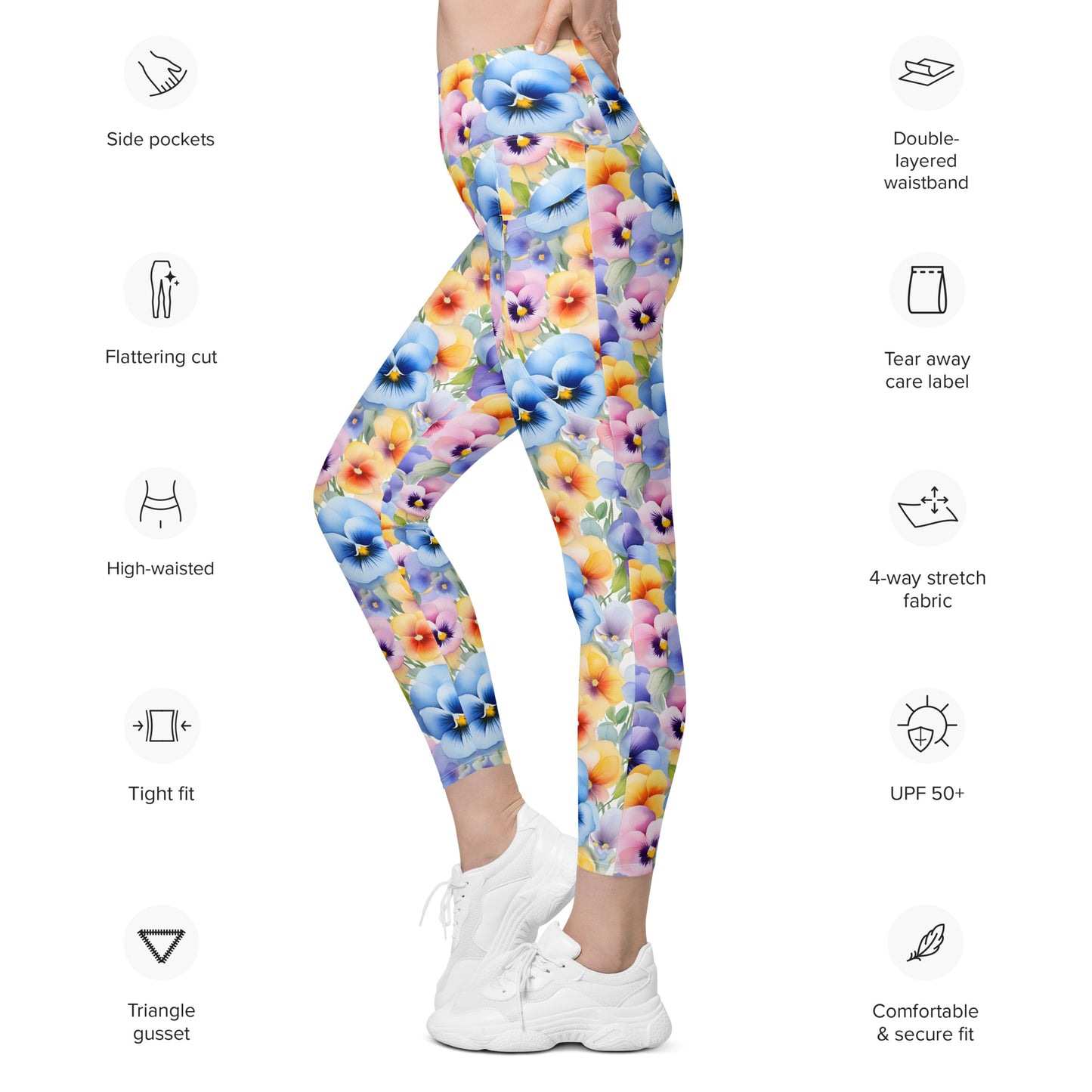 Watercolor Pansies Floral Printed Leggings with pockets